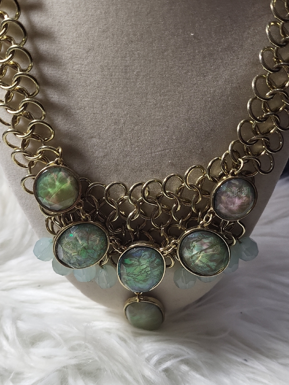 Gold Tone Chain Statement Necklace with Iridescent Green Rhinestones